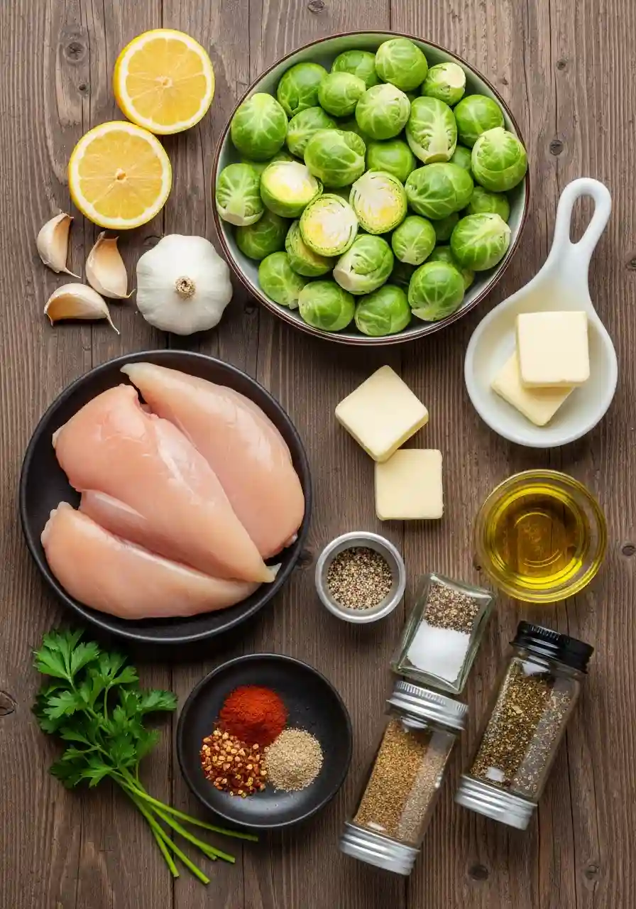 Fresh ingredients for garlic butter chicken with Brussels sprouts laid out on a wooden surface