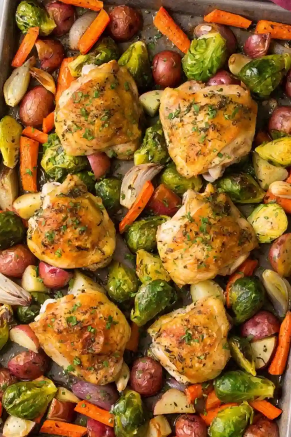 Sheet pan chicken and root vegetables fresh out of the oven with crispy chicken thighs, roasted Brussels sprouts, carrots, potatoes, and shallots on a baking tray