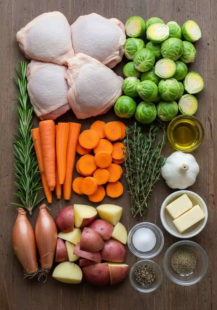 Raw ingredients for sheet pan chicken and root vegetables including chicken thighs, carrots, red potatoes, Brussels sprouts, shallots, garlic, herbs, butter, and oil
