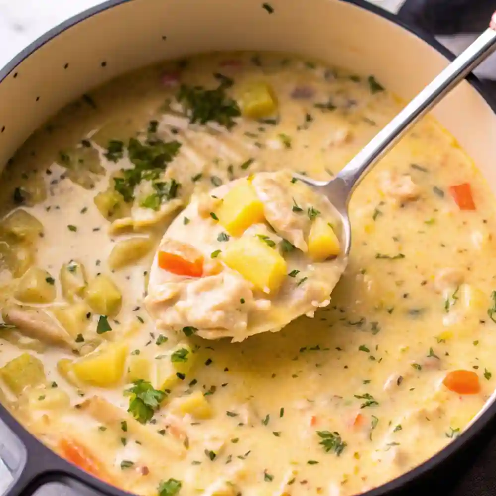 Creamy leftover turkey soup in a Dutch oven with potatoes, carrots, and herbs being served with a ladle.
