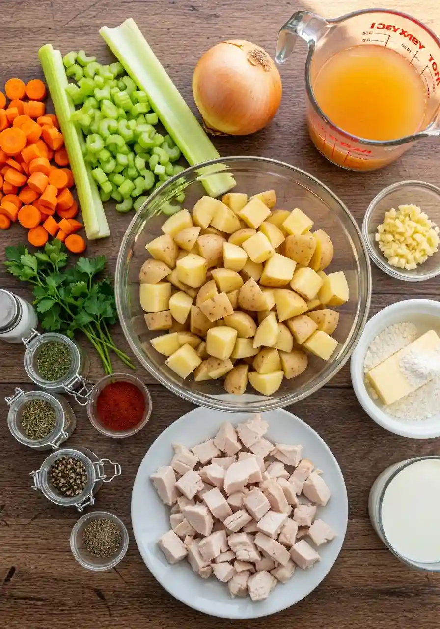 Flat lay of leftover turkey soup ingredients on a rustic kitchen surface.
