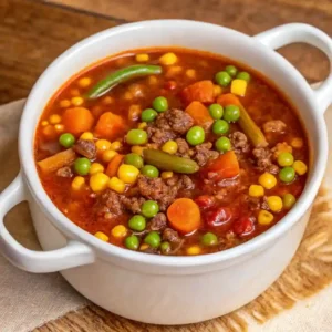 Hearty hamburger vegetable soup recipe with ground beef, peas, carrots, corn, and green beans in a rich tomato broth, served in a white ceramic bowl.