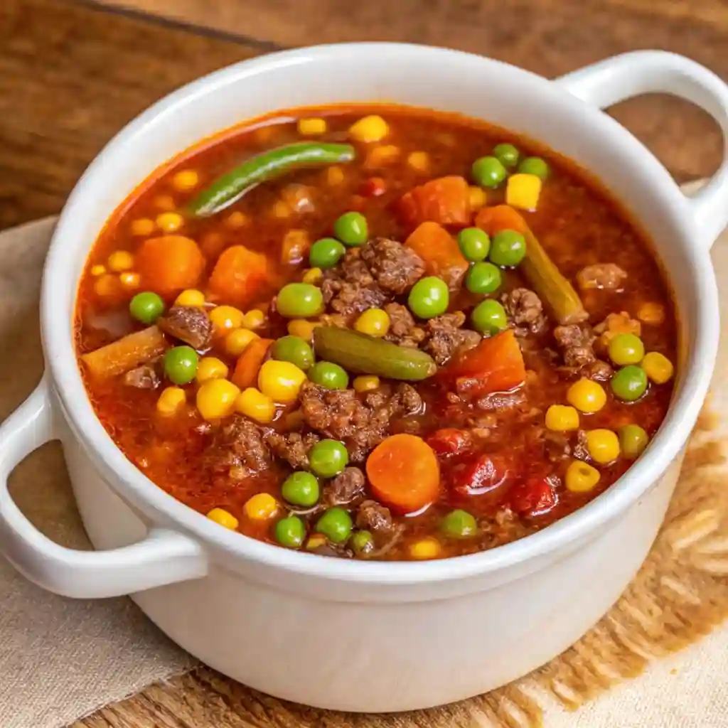Hearty hamburger vegetable soup recipe with ground beef, peas, carrots, corn, and green beans in a rich tomato broth, served in a white ceramic bowl.