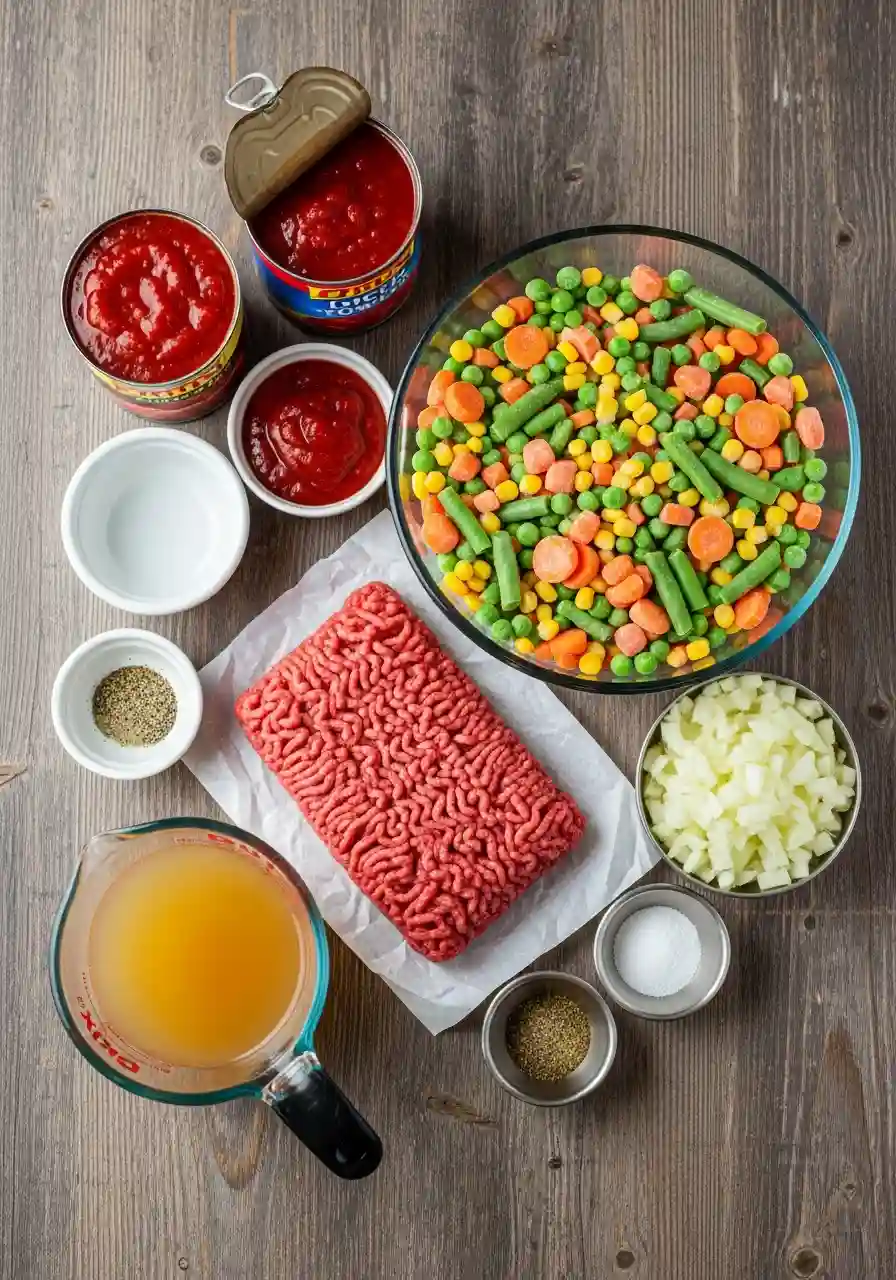 Top-down view of raw ingredients for hamburger vegetable soup, including ground beef, chopped onions, frozen mixed vegetables, canned tomato sauce, broth, and seasonings.
