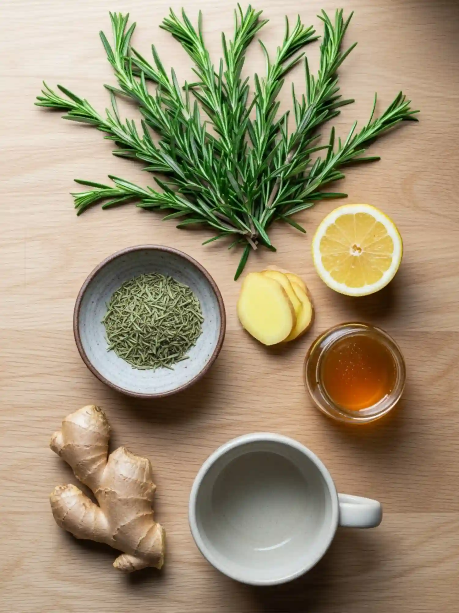 Ingredients for rosemary tea recipe including fresh rosemary sprigs dried rosemary lemon ginger honey and a ceramic mug on a wooden surface