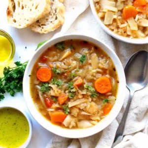 Cabbage soup diet recipe served in a bowl with carrots cabbage herbs and light broth