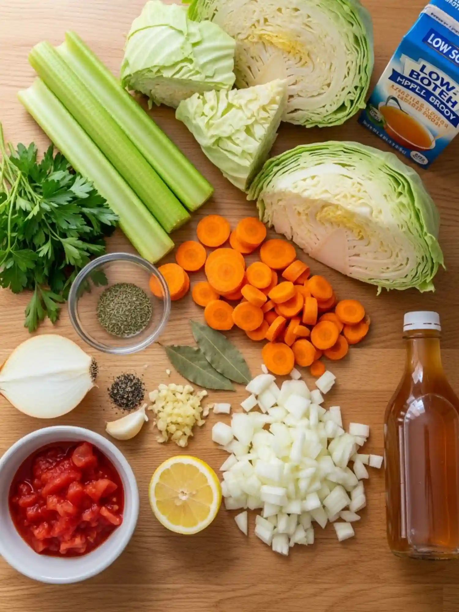 Ingredients for cabbage soup diet recipe including cabbage carrots celery onion garlic tomatoes and broth