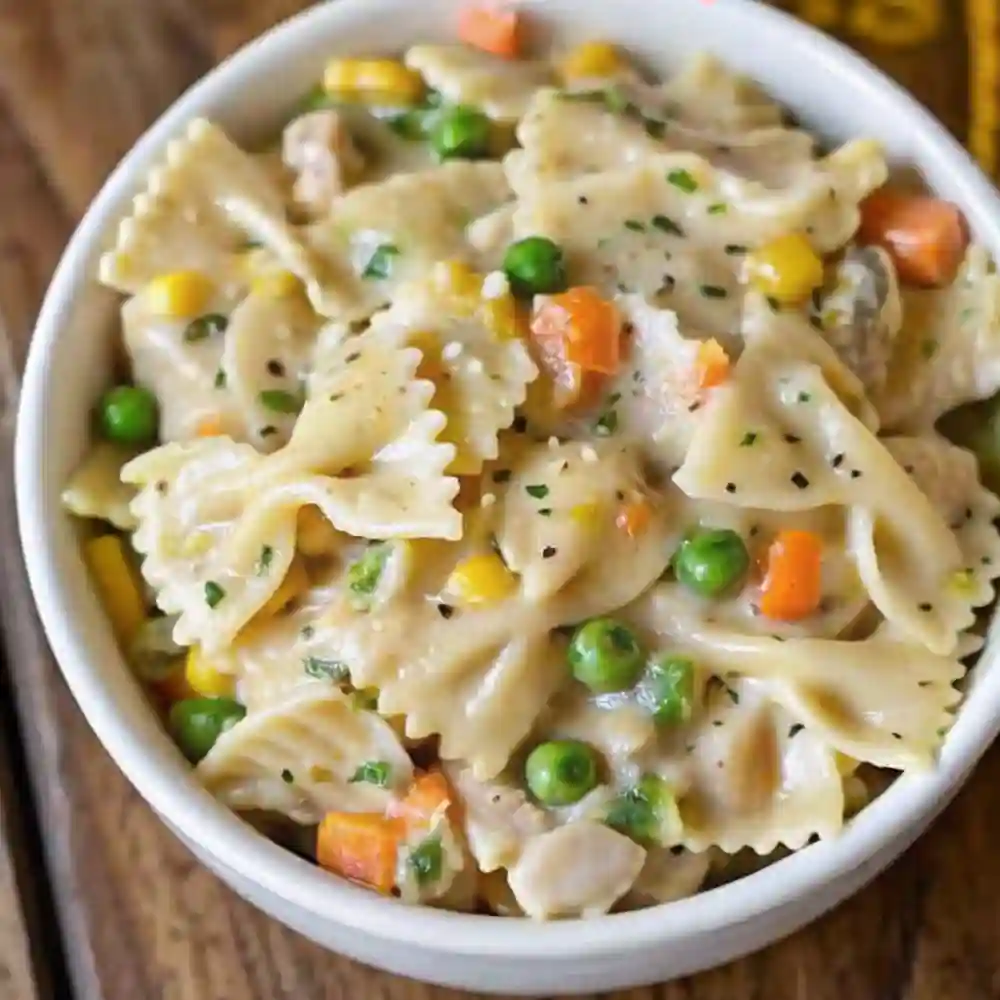 Creamy chicken pot pie pasta with bowtie noodles, peas, carrots, and corn in a white bowl on a rustic wood surface.