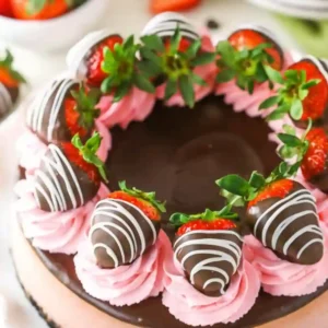 Chocolate covered strawberry cheesecake topped with pink whipped cream rosettes and chocolate-dipped strawberries with white chocolate drizzle.