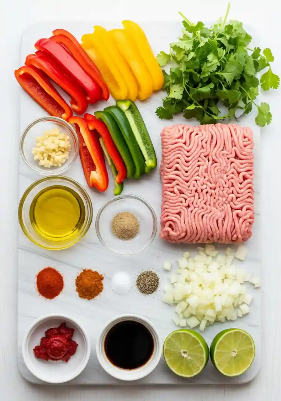 Fresh Ingredients for Ground Turkey and Peppers Recipe Raw ingredients for ground turkey and peppers recipe arranged on a white cutting board