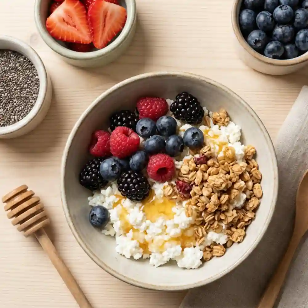 Cottage Cheese Recipes breakfast bowl with granola, honey, and fresh berries including raspberries, blackberries, and blueberries on a wooden surface.