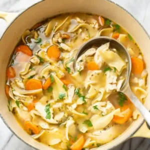 Pot of homemade chicken noodle soup with carrots, egg noodles, and shredded chicken being ladled into a bowl