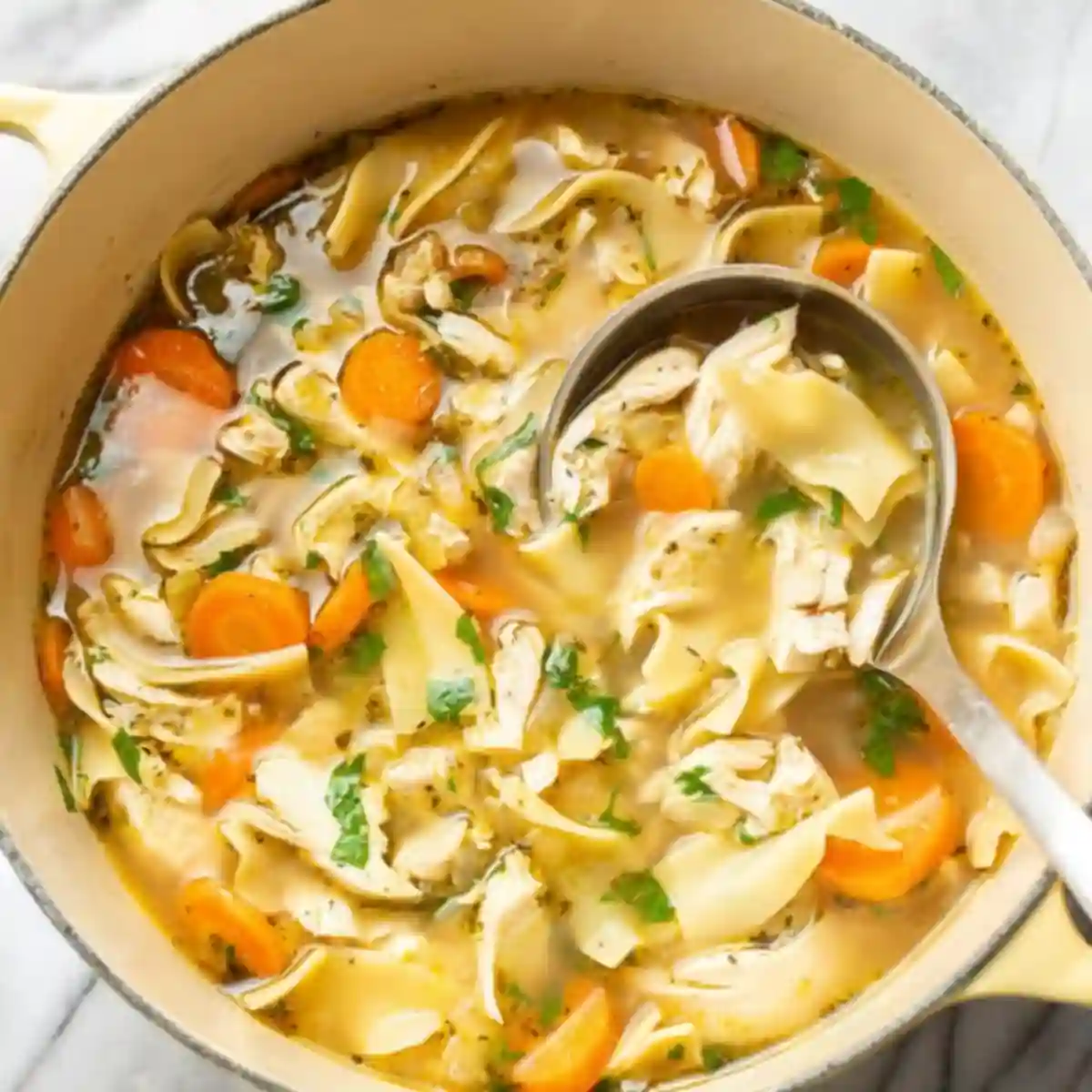 Pot of homemade chicken noodle soup with carrots, egg noodles, and shredded chicken being ladled into a bowl
