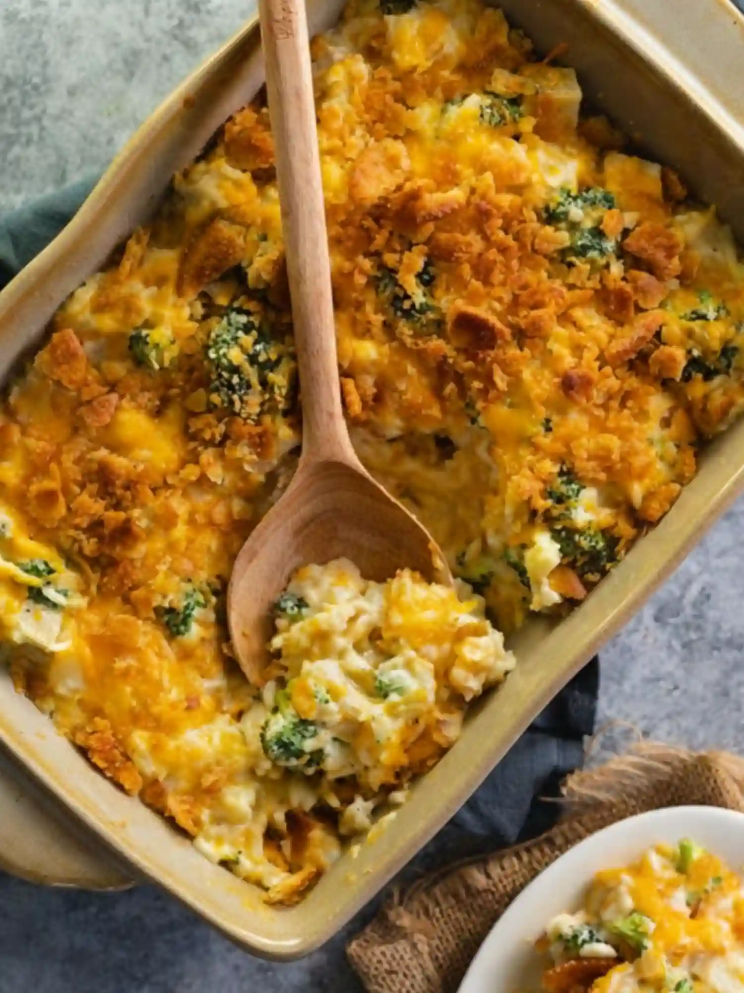 Cheesy chicken broccoli rice casserole with a crispy topping in a baking dish