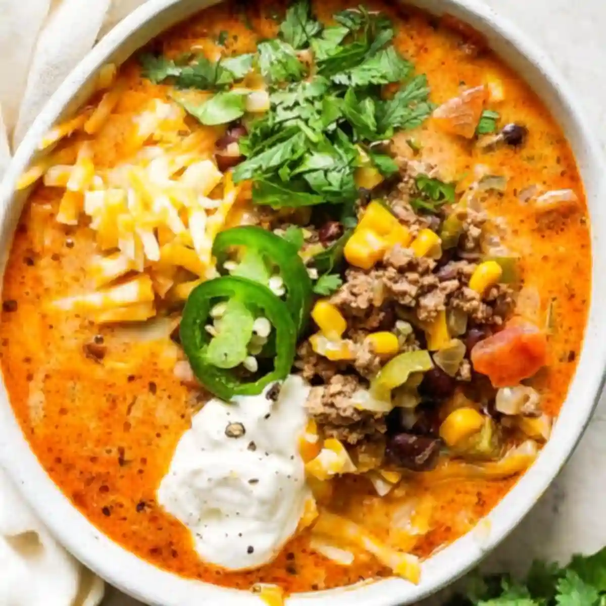 Bowl of creamy taco soup topped with ground beef, corn, black beans, shredded cheese, jalapeño slices, sour cream, and fresh cilantro.