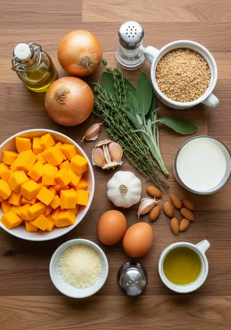 Fresh ingredients for butternut squash casserole healthy recipe arranged on a wooden surface, including squash cubes, herbs, milk, onions, and spices