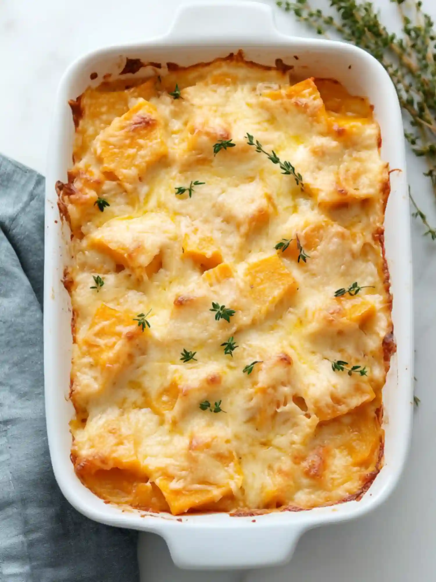 Healthy butternut squash casserole baked with cheese and fresh thyme