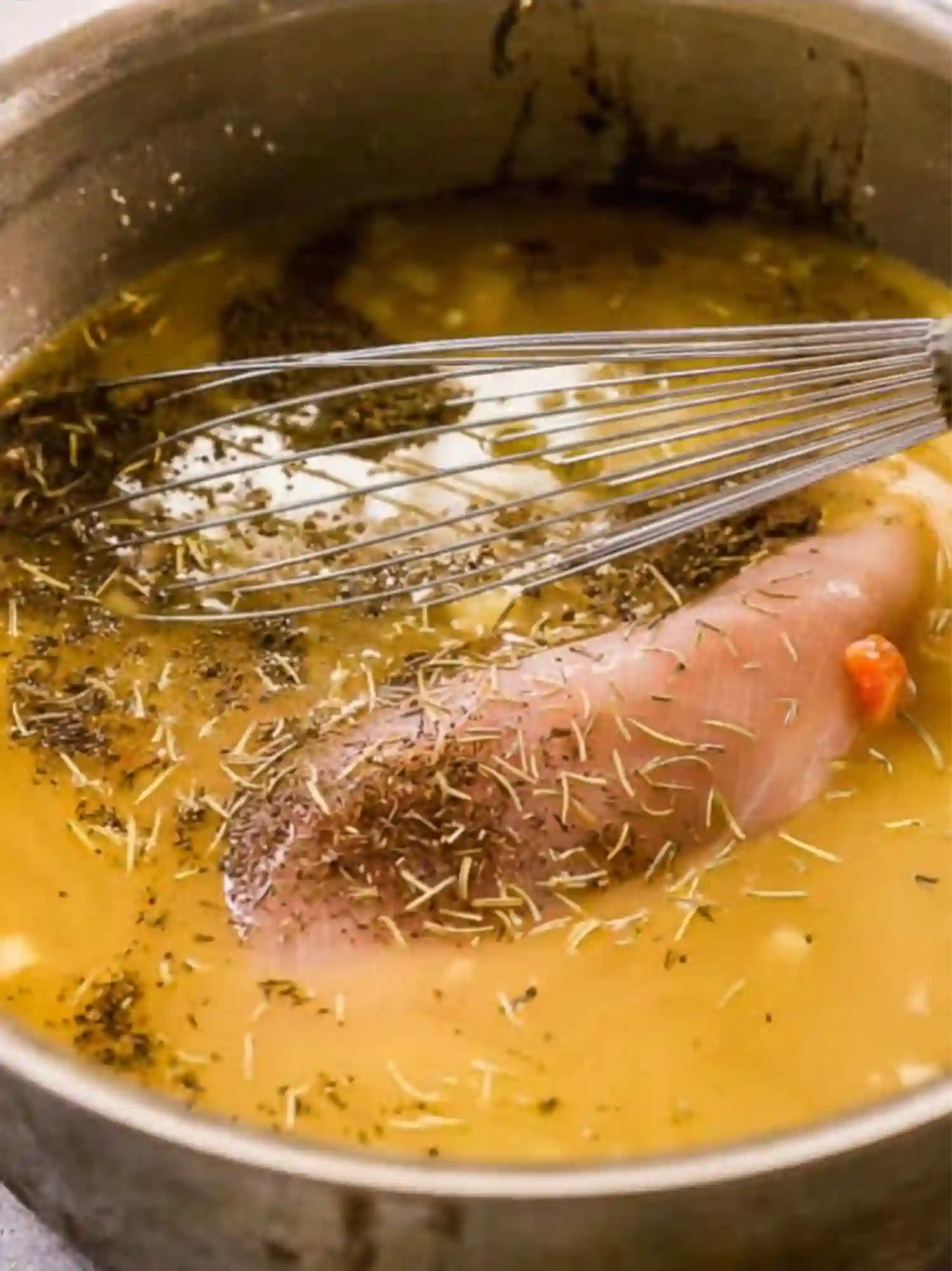 Raw chicken breast simmering in seasoned broth with herbs and a whisk in a stainless steel pot.