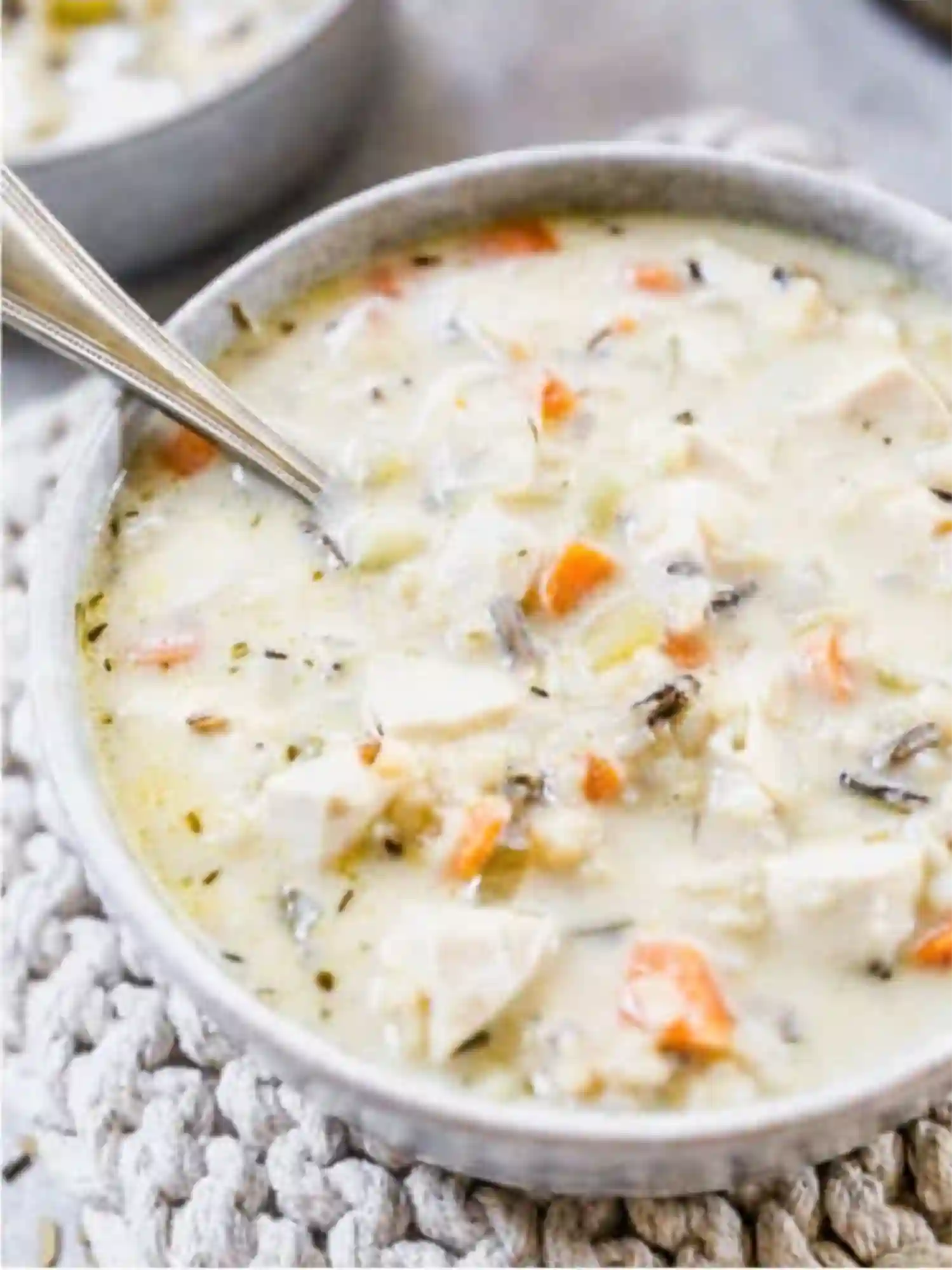 Creamy chicken and wild rice soup with carrots and herbs in a bowl