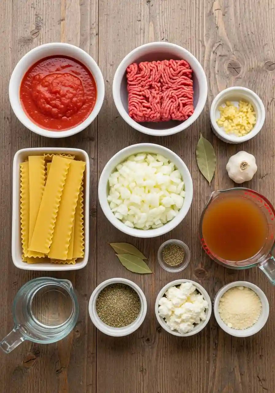 Flat lay of uncooked ingredients for High Protein Lasagna Soup arranged in small bowls on a wooden surface