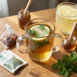 Homemade Starbucks Medicine Ball Recipe in a clear glass mug with lemon slices and mint, surrounded by honey, tea bags, and fresh lemonade