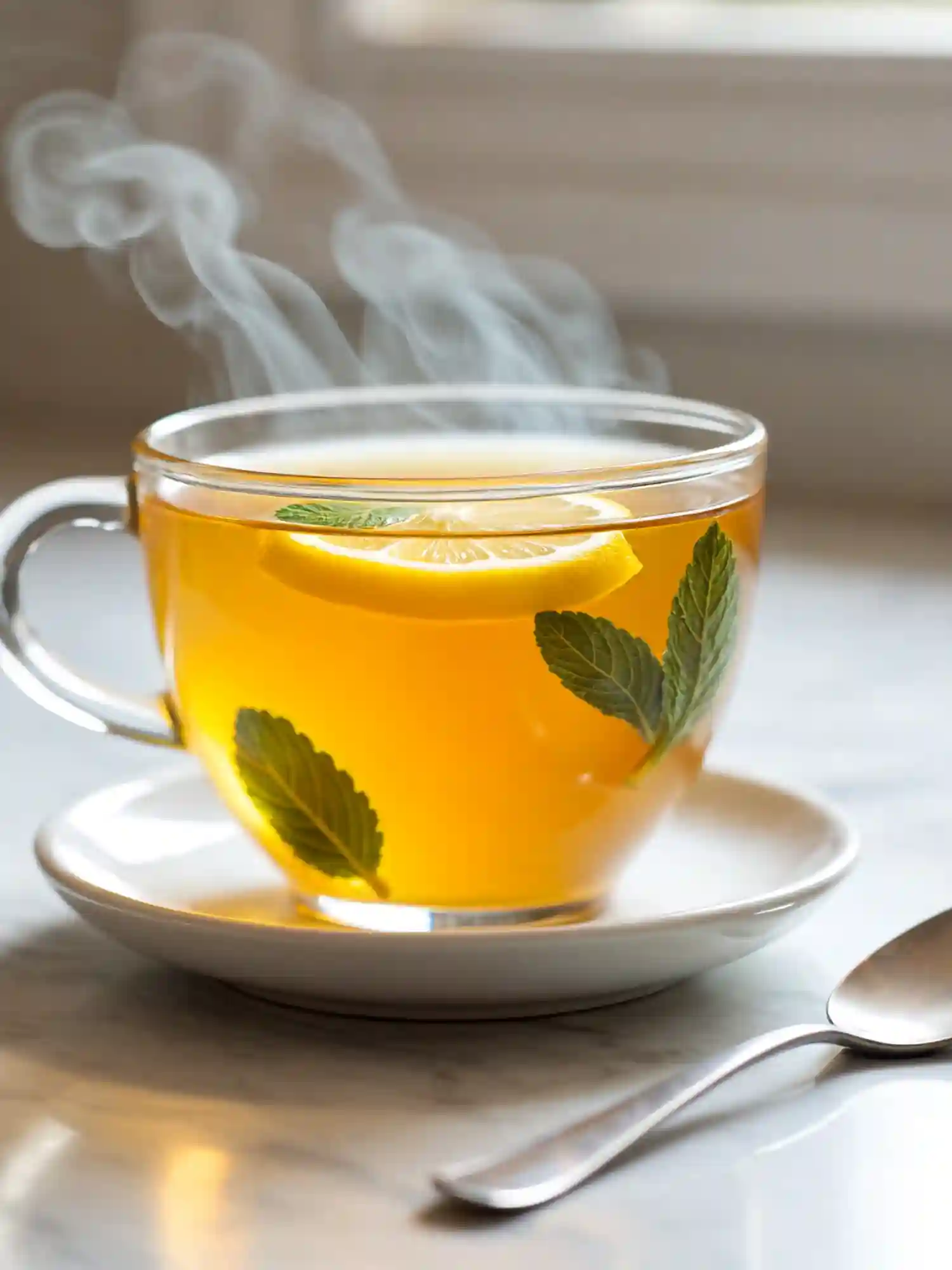 Steaming Starbucks Medicine Ball tea in a clear glass mug with lemon and mint, served on a white saucer with a spoon on marble surface
