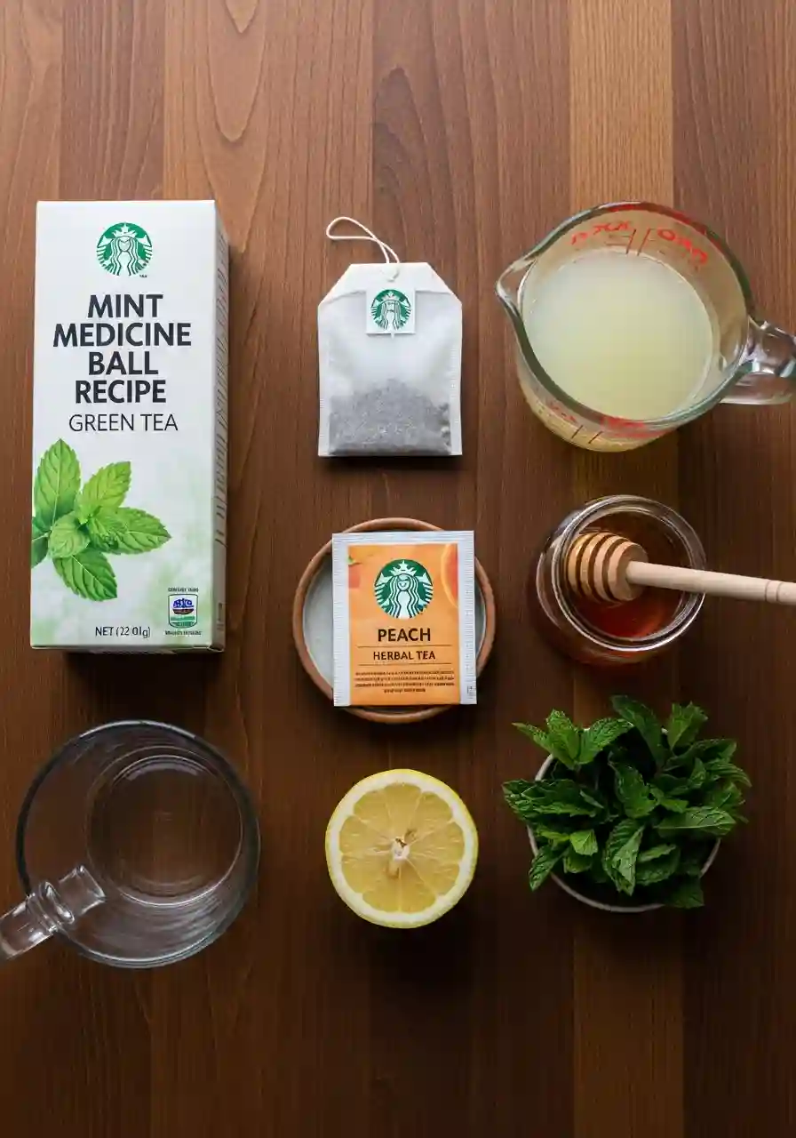 Ingredients for Starbucks Medicine Ball Recipe including mint tea, peach herbal tea, lemonade, honey, lemon, and fresh mint on wooden surface