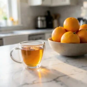 Hot Friendship Tea Recipe in clear glass mug with oranges in the background on marble kitchen counter