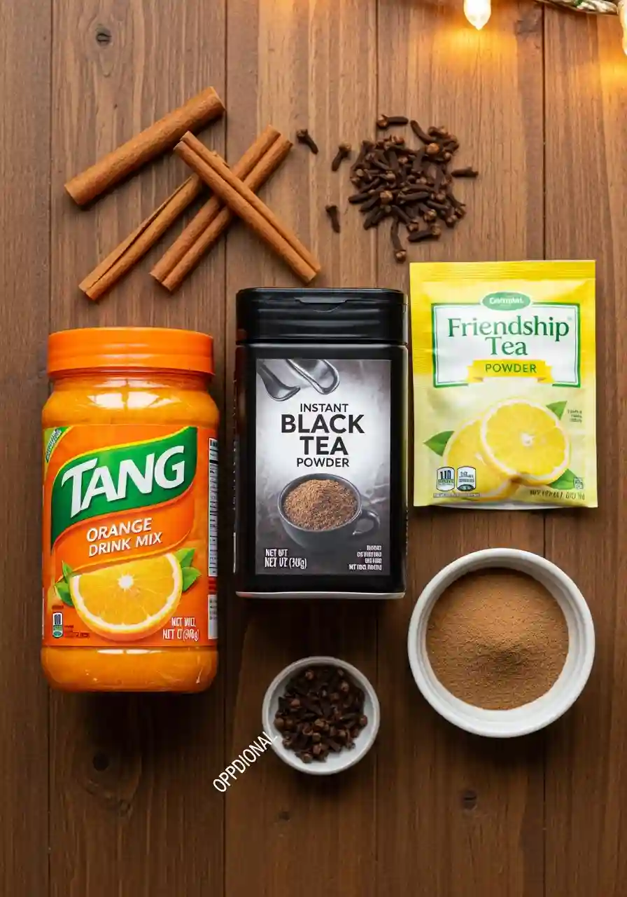Flat lay of Friendship Tea Recipe ingredients including Tang, instant black tea powder, lemonade mix, cinnamon sticks, and cloves on wooden table.