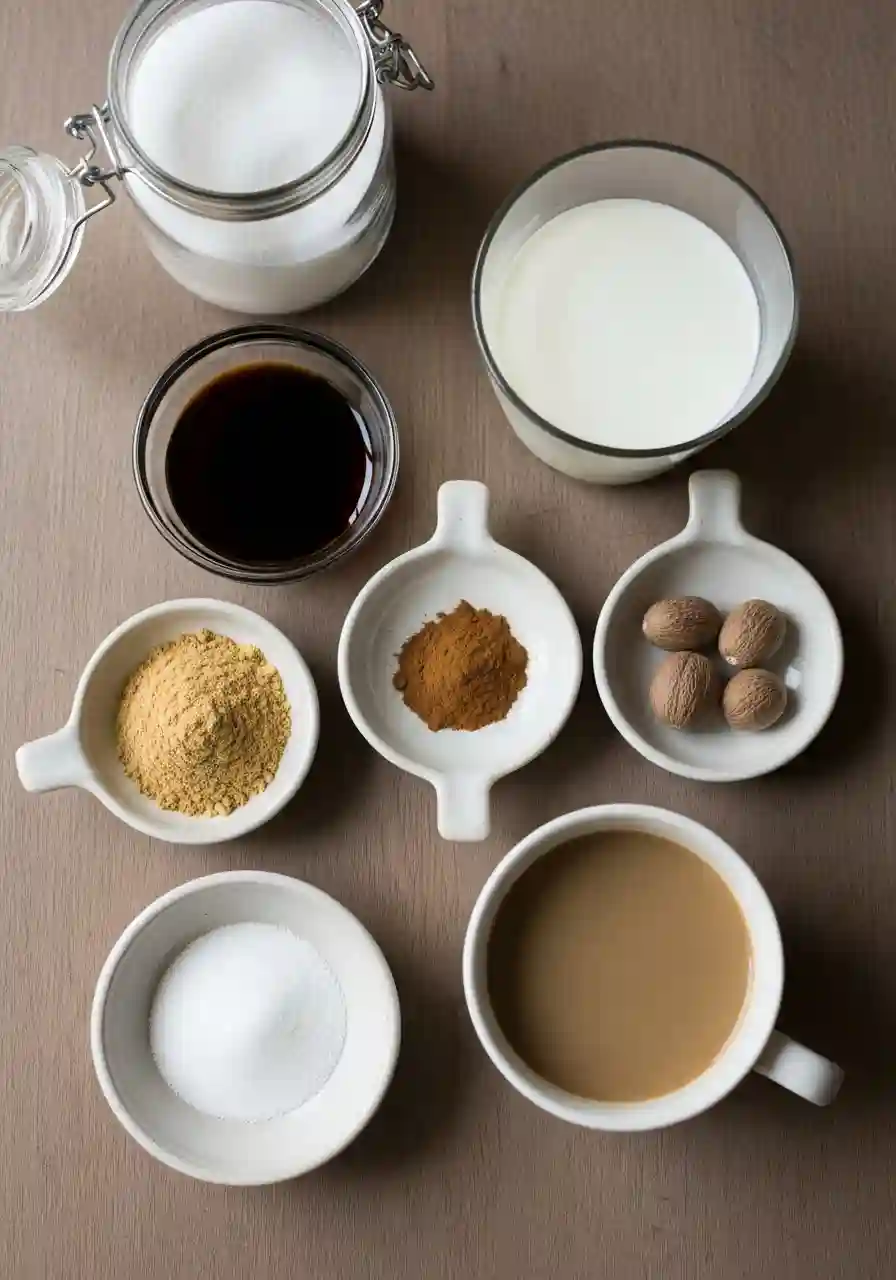Flat lay of ingredients for a Gingerbread Latte Recipe including milk, spices, sugar, coffee, and molasses on a wooden surface.