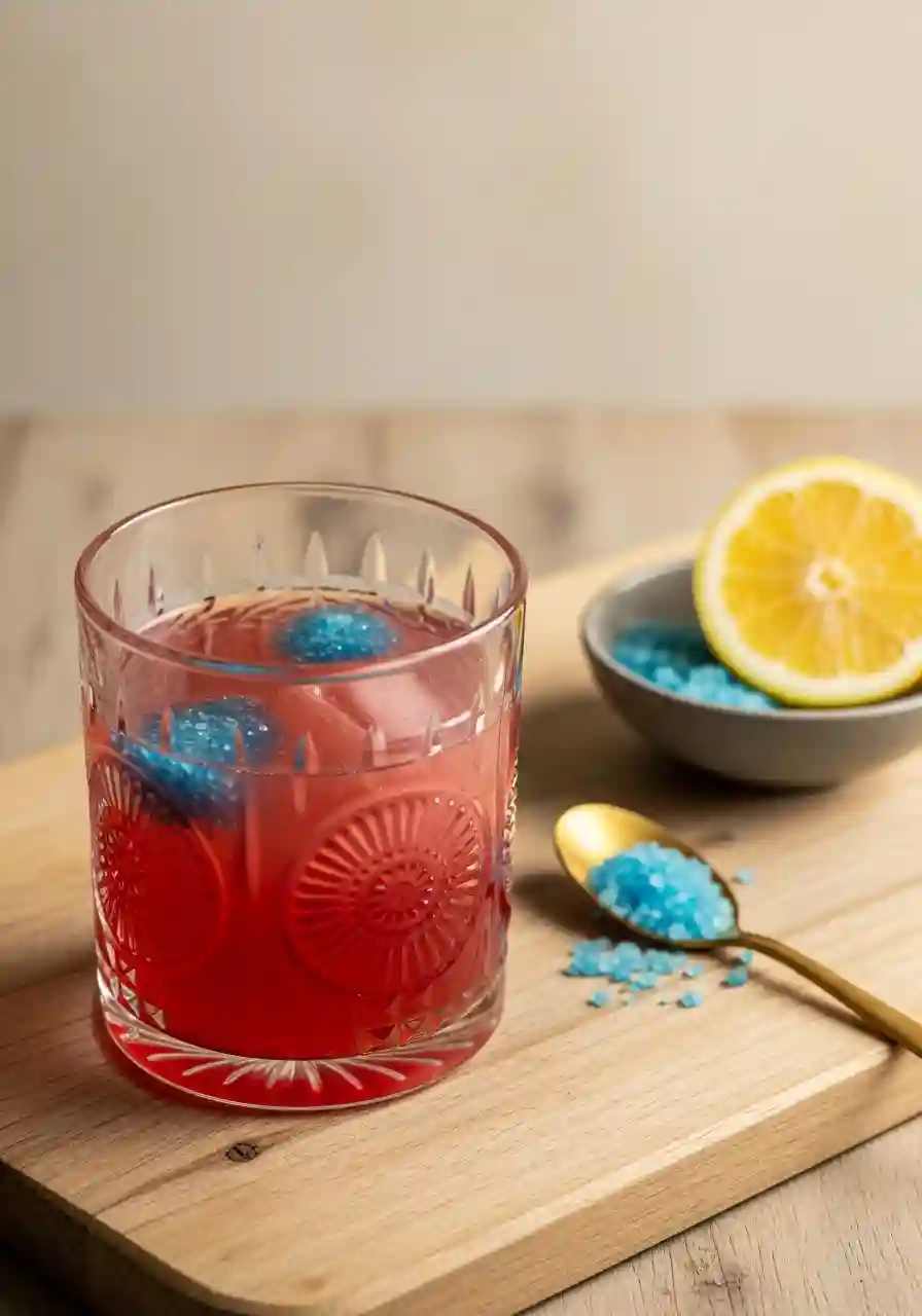Glass of red beetroot drink with visible blue salt crystals inside, placed on a light wooden board next to a golden spoon, blue salt, and a lemon half in a ceramic bowl.