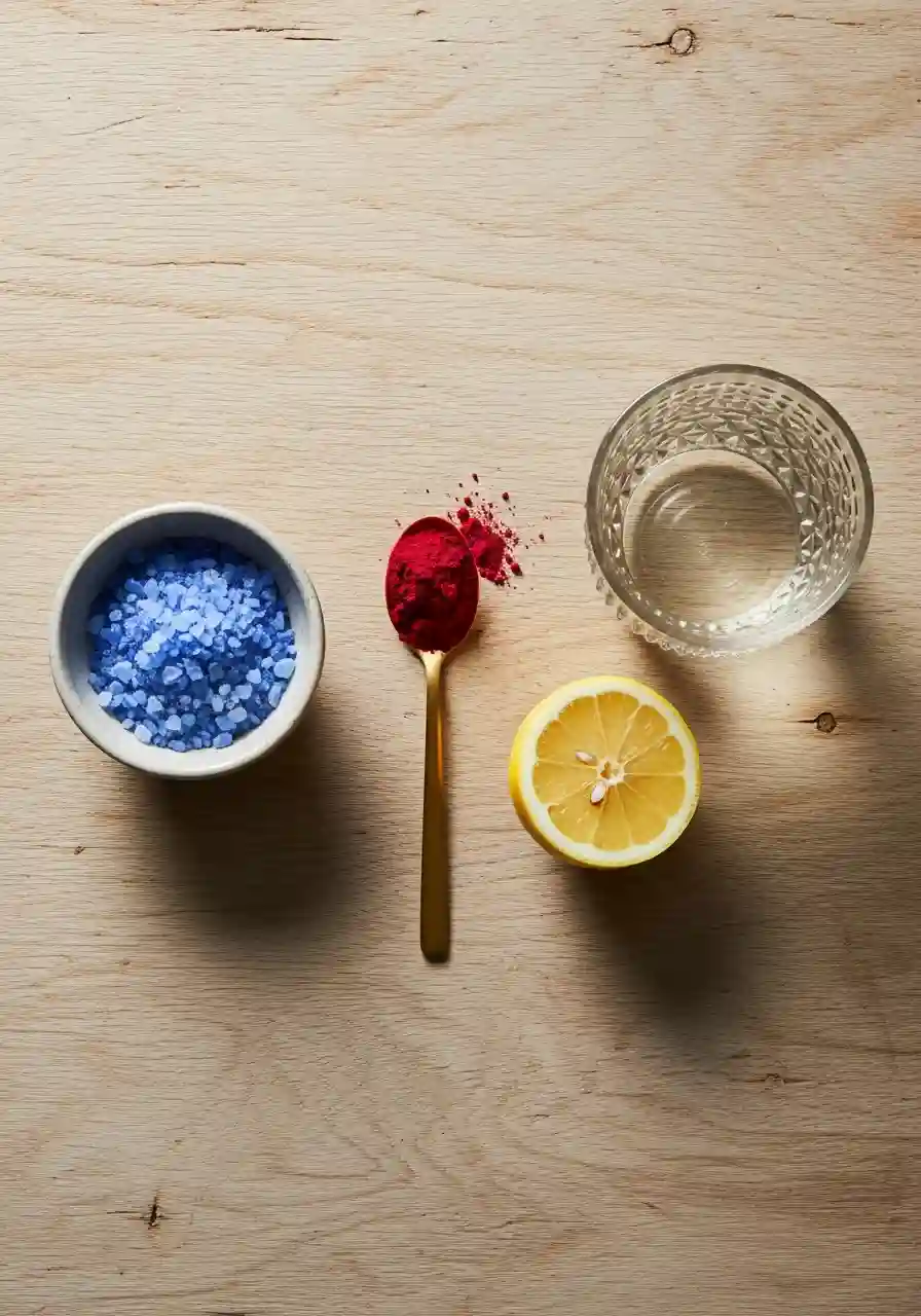 Top view of Persian blue salt, beetroot powder on a spoon, half a lemon, and a glass of warm water arranged on a light rustic wooden surface.