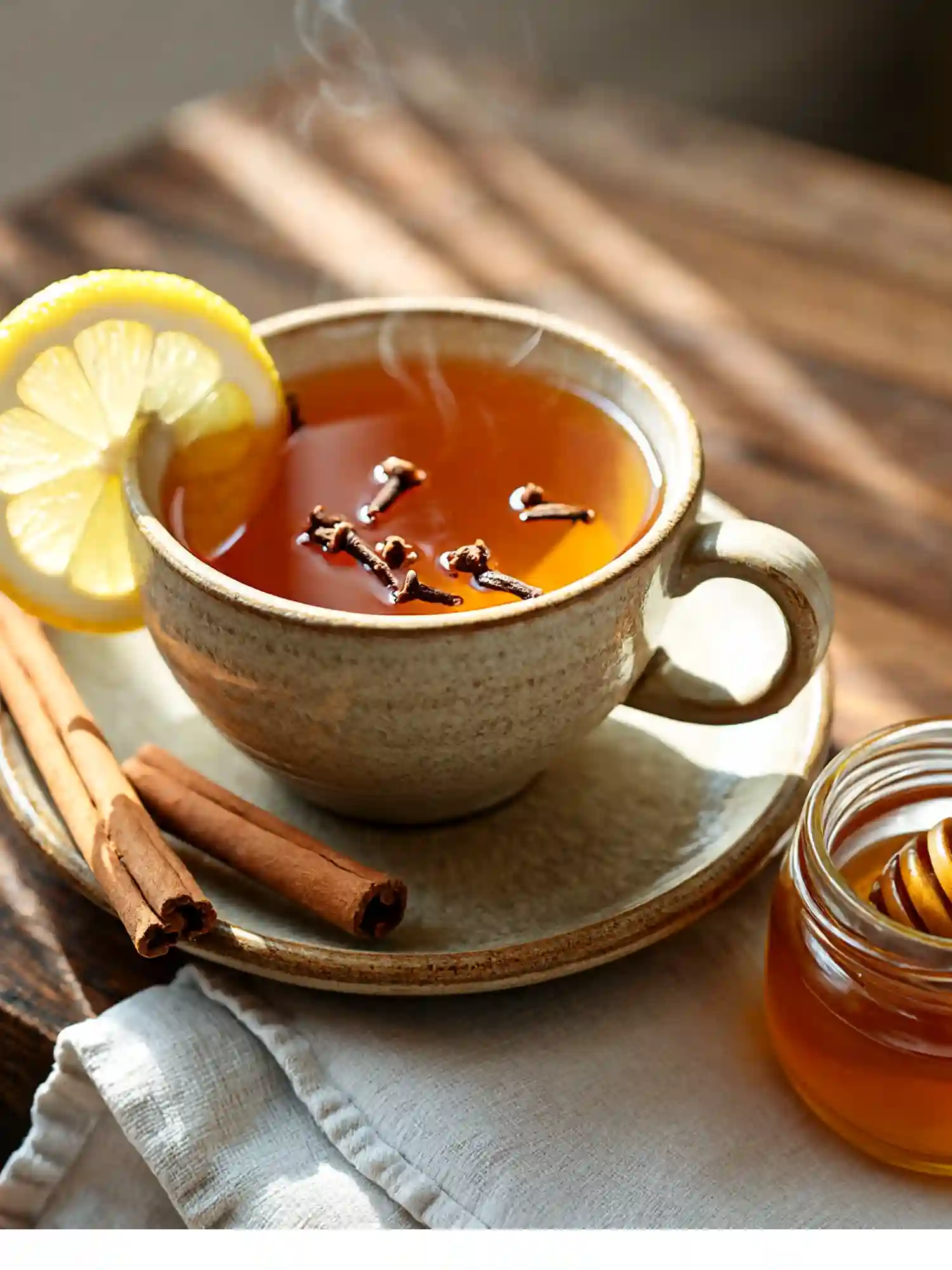 Steaming cup of clove tea recipe with lemon slice, whole cloves, and cinnamon sticks on a rustic saucer beside a jar of honey.