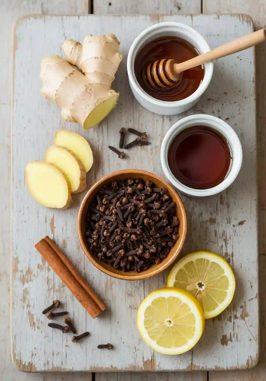 Fresh ingredients for clove tea recipe including whole cloves, ginger, honey, lemon slices, and cinnamon on a rustic wooden board.