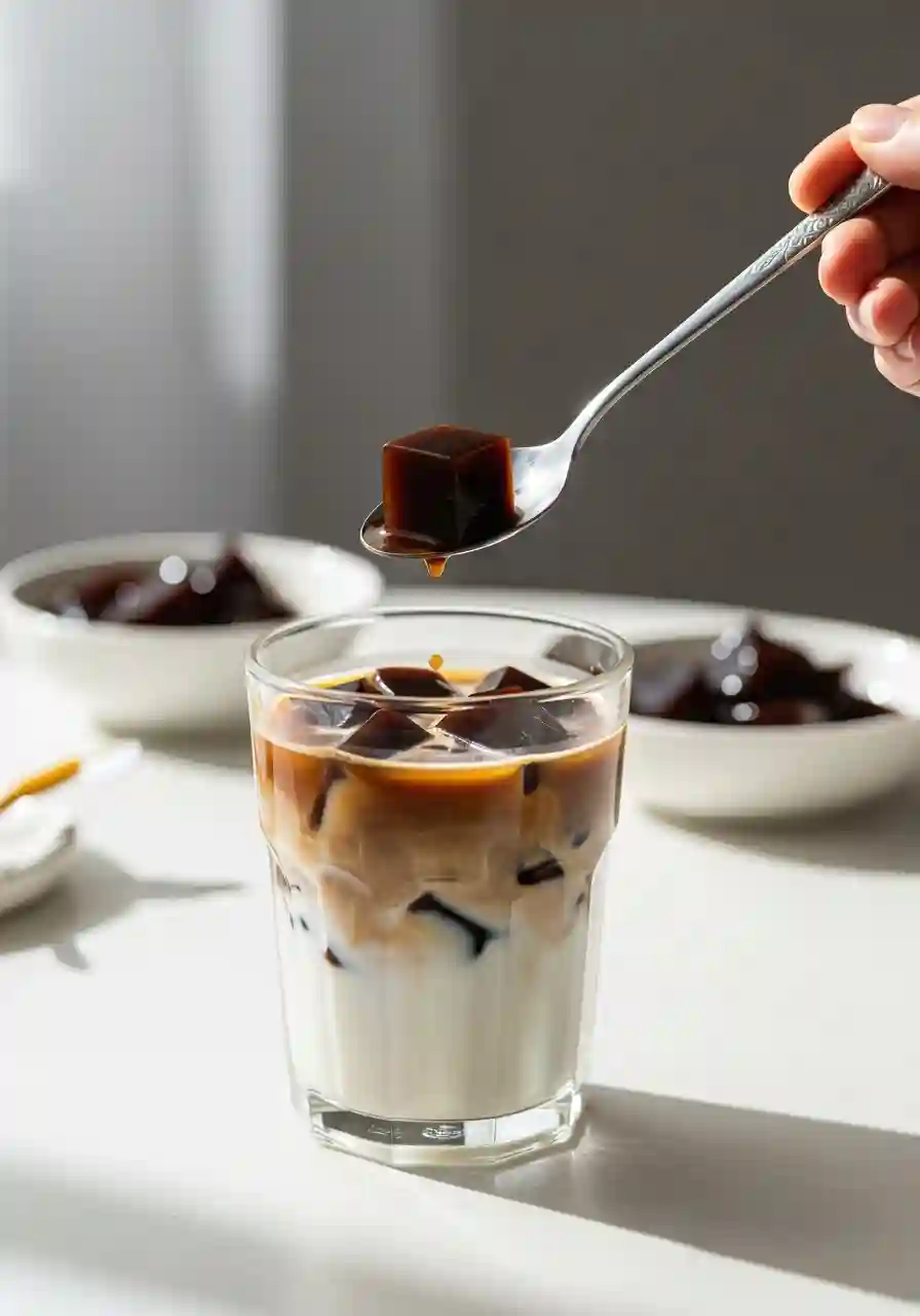 Close-up of coffee jelly cubes floating in vanilla milk inside a glass