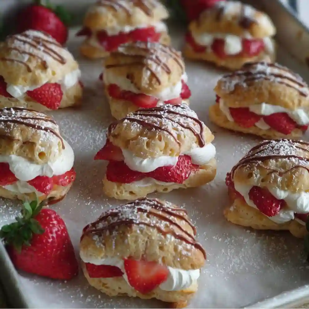 Freshly baked strawberry cream puffs filled with whipped cream and sliced strawberries, dusted with powdered sugar and drizzled with chocolate