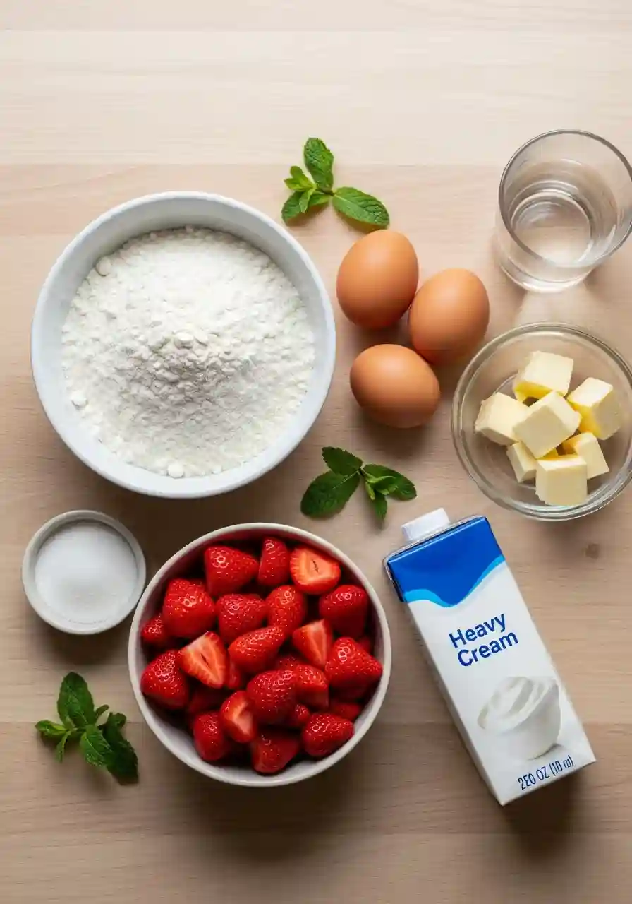Strawberry Cream Puff Ingredients on Wooden Table Top view of fresh strawberry cream puff ingredients including flour, eggs, strawberries, butter, sugar, mint leaves, water, and a carton of heavy cream on a wooden surface