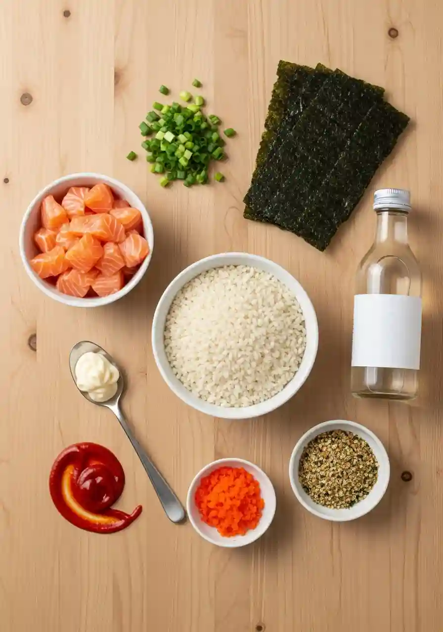 Top-down view of sushi bake ingredients including diced salmon, sushi rice, mayonnaise, sriracha, nori, rice vinegar, furikake, green onions, and tobiko.