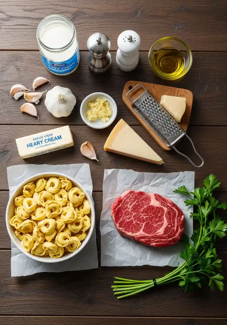 Fresh Ingredients for Garlic Steak Tortellini Raw ingredients for garlic steak tortellini recipe including ribeye steak, cheese tortellini, garlic cloves, grated Parmesan, heavy cream, olive oil, and parsley on a wooden surface.