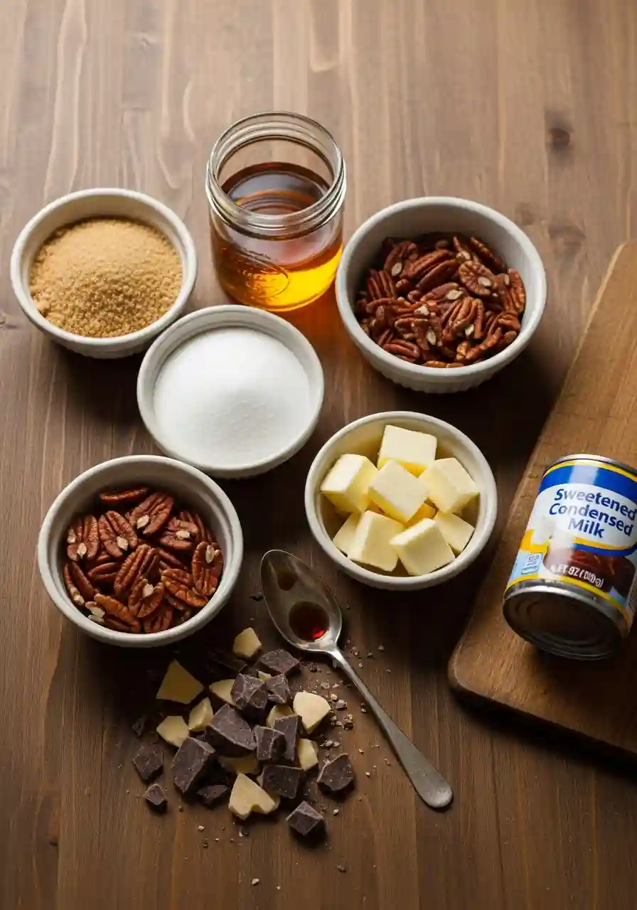 Ingredients for Chocolate Candy Recipes Flat lay of ingredients for chocolate candy recipes including pecans, butter, sugars, sweetened condensed milk, corn syrup, vanilla, and chocolate chunks.