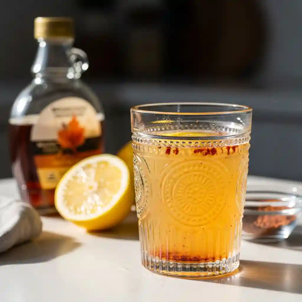 Master Cleanse Recipe drink in a glass with lemon, maple syrup, and cayenne pepper on a white kitchen surface