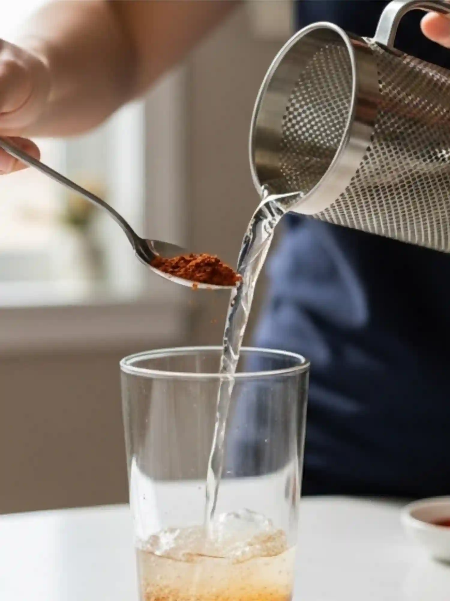 Master Cleanse Recipe being prepared by pouring water into a glass with maple syrup while adding cayenne pepper with a spoon