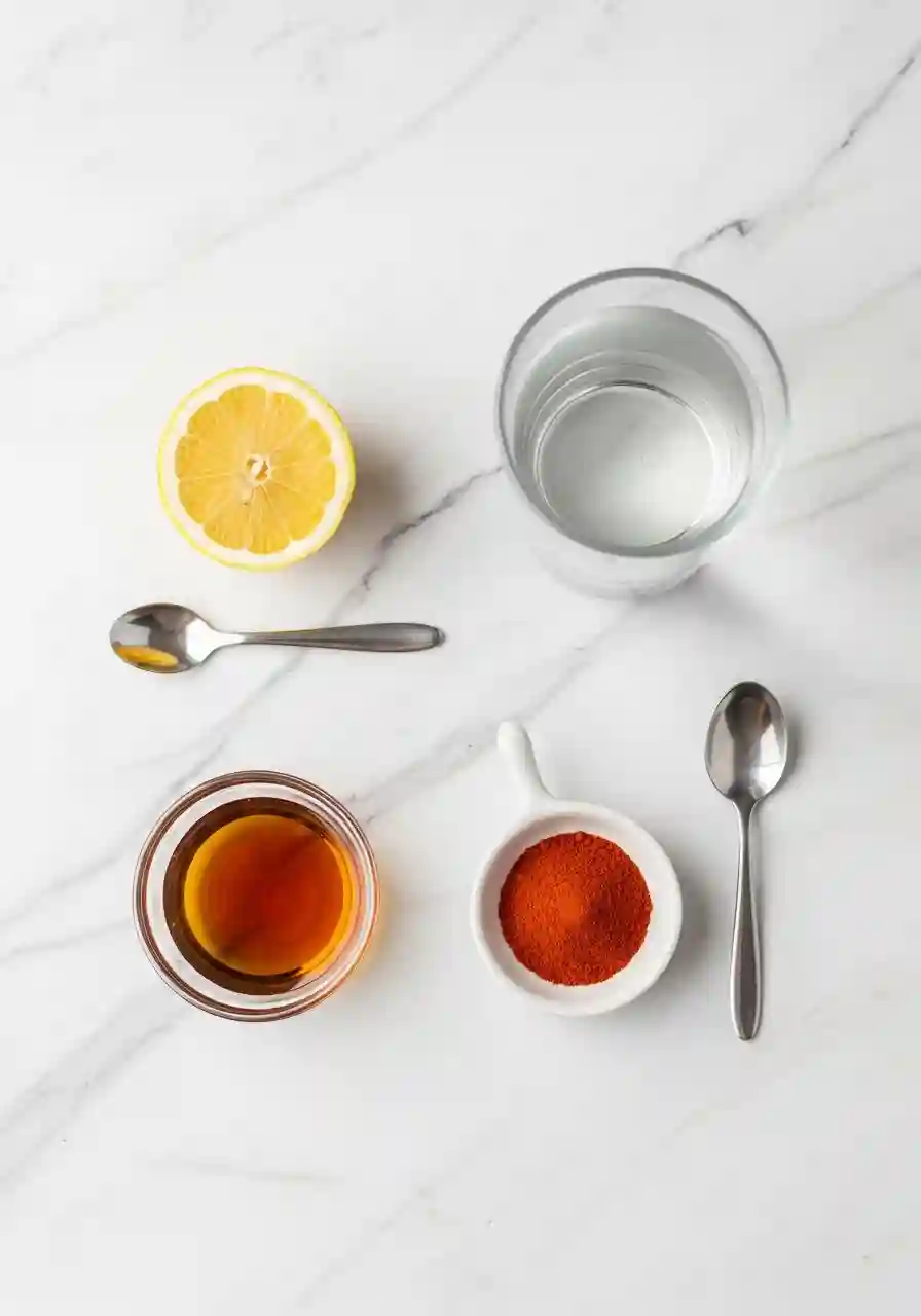 Master Cleanse Recipe ingredients including lemon, maple syrup, cayenne pepper, and water arranged on a white marble surface