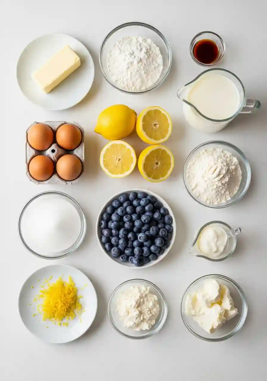 Overhead view of lemon blueberry cake ingredients arranged neatly on a white surface, including eggs, lemons, blueberries, flour, sugar, and dairy.