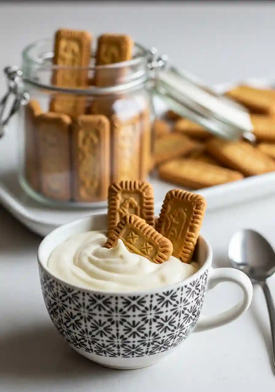 Creamy Dessert with Biscuits Served in a Ceramic Cup Creamy dessert served in a patterned ceramic cup, topped with biscuit cookies and a smooth whipped texture