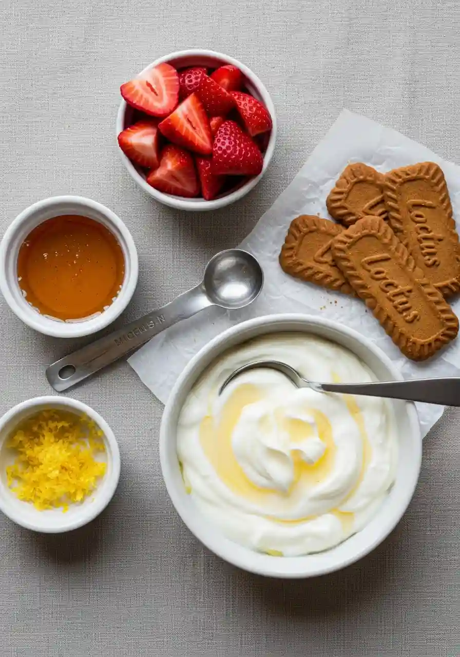 Ingredients for Viral Japanese Yogurt Cheesecake Recipe Ingredients for viral Japanese yogurt cheesecake including thick Greek yogurt, Biscoff cookies, strawberries, lemon zest, and honey in small bowls.