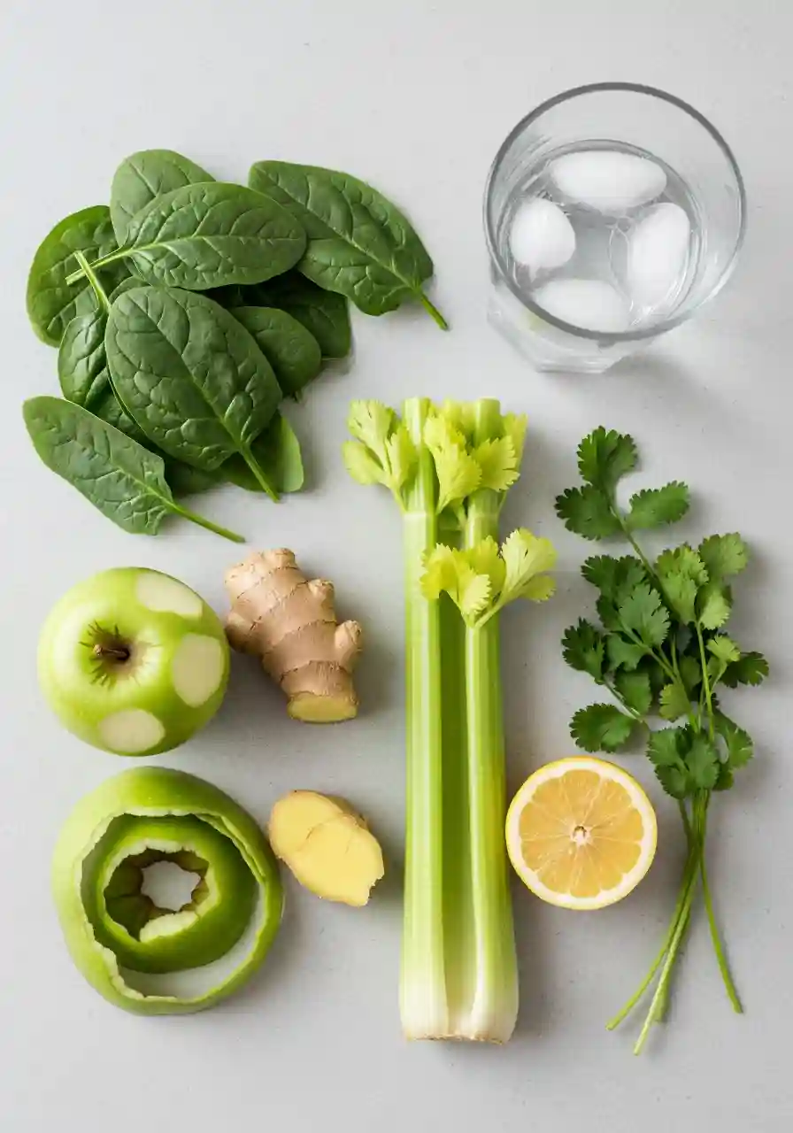 Ingredients for Best Detox Smoothie for Weight Loss Best Detox Smoothie for Weight Loss ingredients flat lay including spinach, celery, green apple, ginger, lemon, cilantro, and a glass of ice water on a white surface