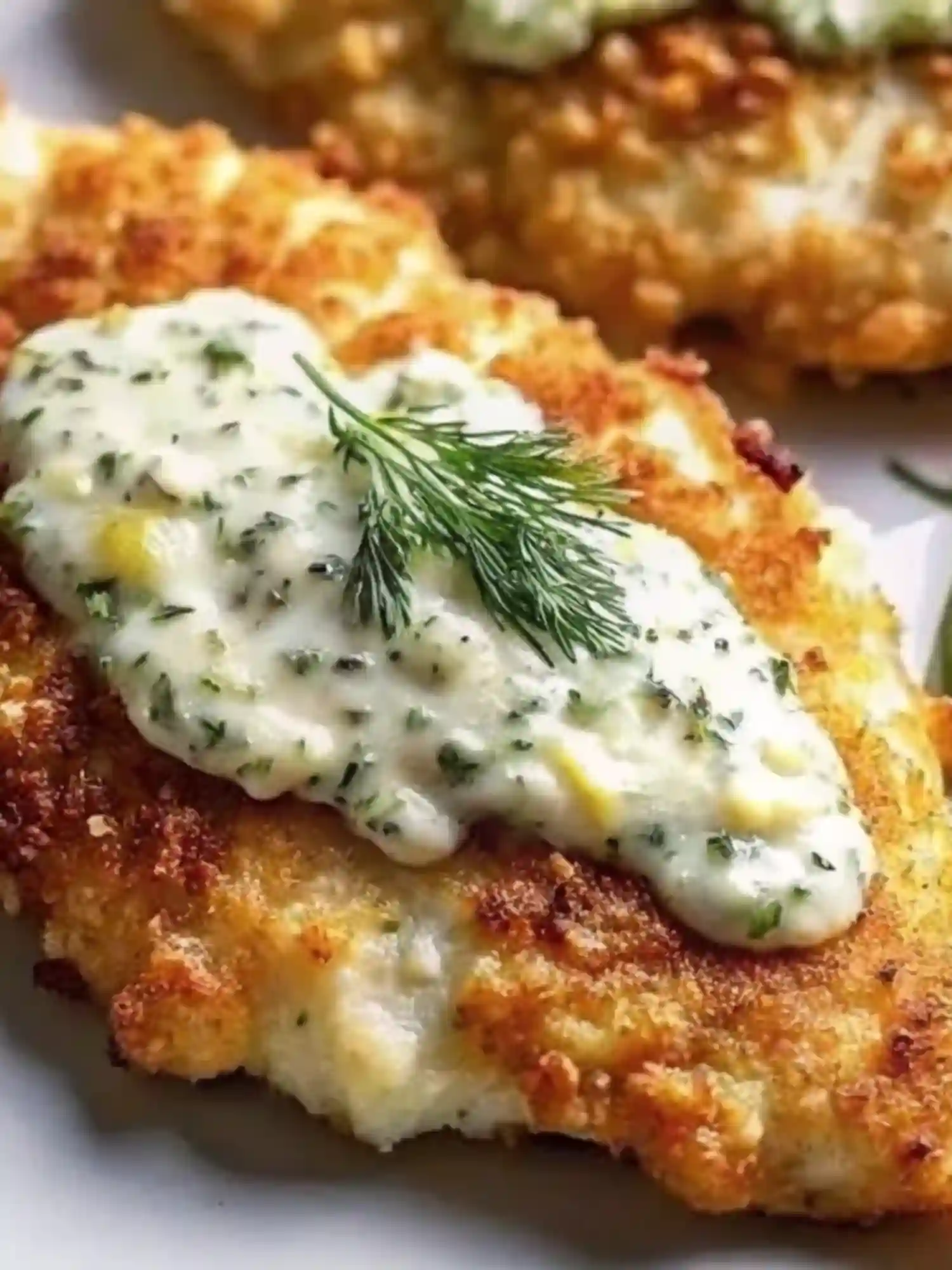 Crispy Dill Pickle Parmesan Chicken with Homemade Dill Sauce Crispy Dill Pickle Parmesan Chicken topped with creamy dill sauce and fresh dill