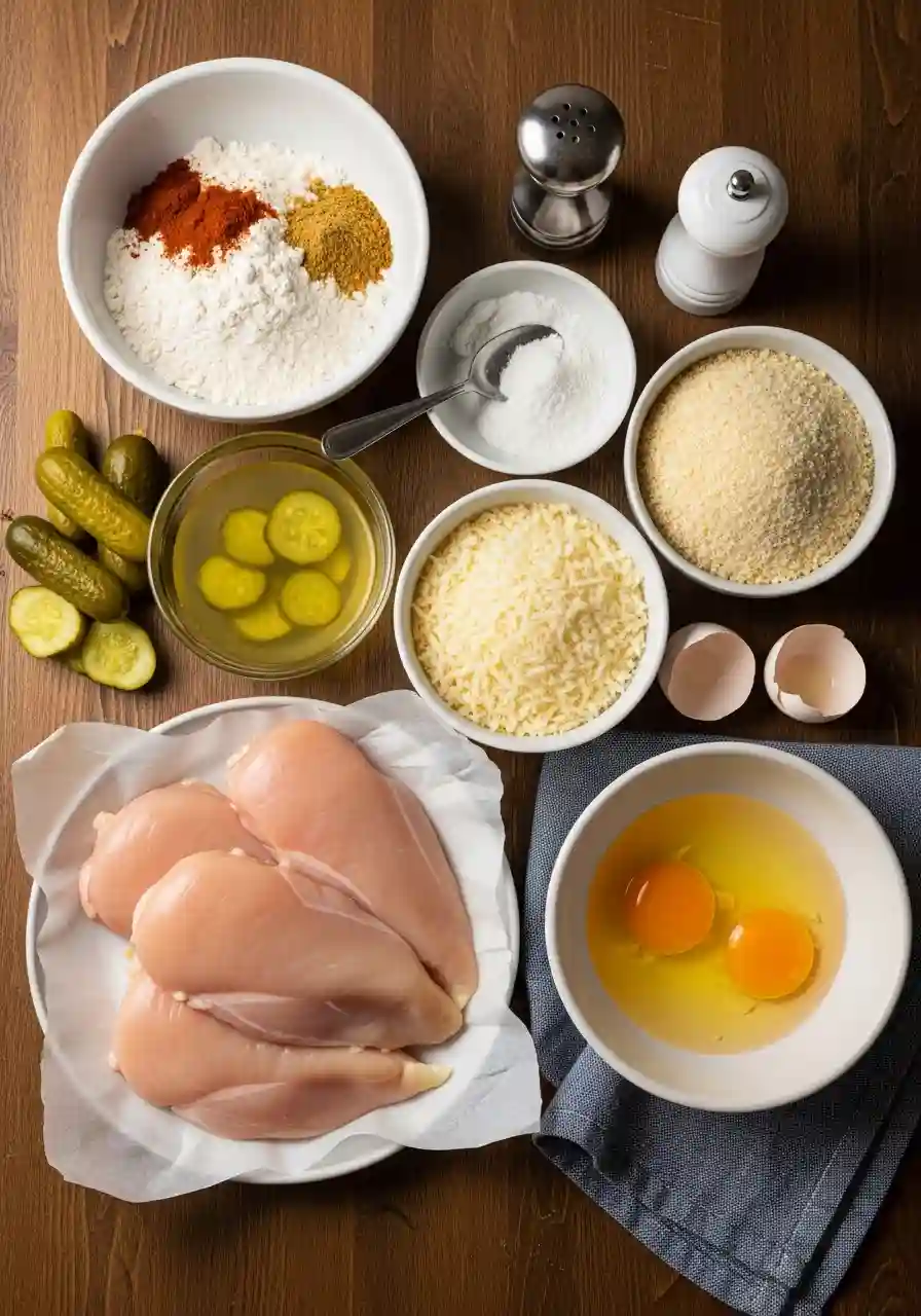 Raw Ingredients for Crispy Dill Pickle Parmesan Chicken Recipe Ingredients for Crispy Dill Pickle Parmesan Chicken laid out on a wooden surface