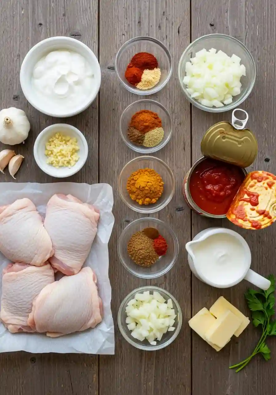Flat-lay of raw chicken, yogurt, spices, tomato sauce, and cream for Butter Chicken recipe